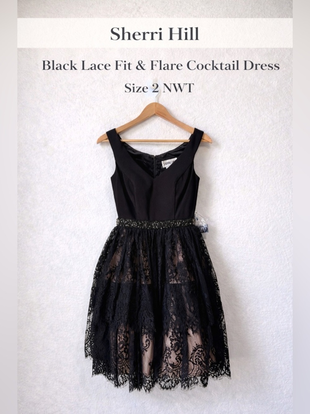 Sherri Hill Black Lace Fit & Flare Cocktail Dress Size 2 NWT